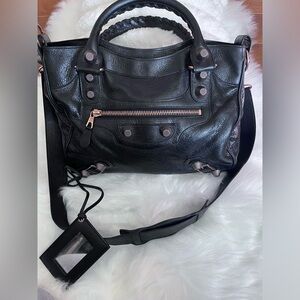 Balenciaga Black Classic City Bag with Big Rose Gold Studs, Lambskin leather